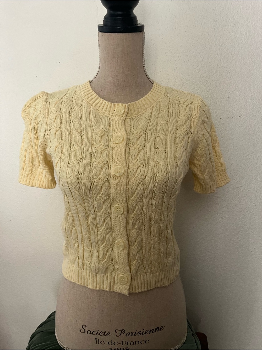 Pink Rose Pale Yellow Cable Knit Short Sleeve Button Cardigan